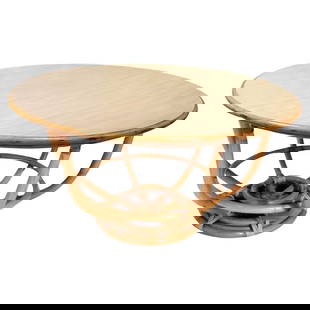 Restored Rattan Round Accent Coffee Table, Unique Size: About the Item This beautifully restored Paul Frankl-inspired round rattan table, with a Formica top, boasts a unique size and height at 23" high and 43" wide, serving as both a high coffee table and