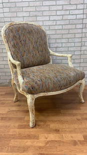 Vintage English Regency Upholstered Armchair with Antiqued Crackle Paint Finish: Vintage from before 2000 Materials: wood, fabric Vintage English Regency Upholstered Armchair with Antiqued Crackle Paint Finish Vintage English Regency style armchair with antiqued crackle paint fini