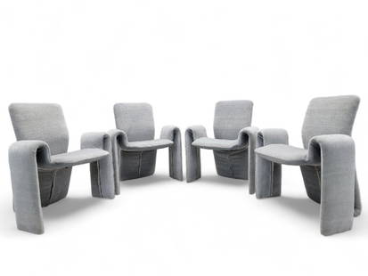 Postmodern Steve Leonard Sculptural Dining Chairs for Brayton International Newly Upholstered in: Vintage from before 2000 Materials: mohair Postmodern Steve Leonard Sculptural Dining Chairs for Brayton International Newly Upholstered in Italian Plush Powder-Blu Mohair - Set of 4 A four-piece set