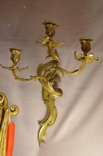 Antique French Louis XV Style Three Light Gilt Bronze Wall Sconces - Pair: Vintage from before 2000 Antique French Louis XV Victorian Three Light Gilt Bronze Wall Sconces - Pair Circa 19th Century Dimentions H 20&#8221;W 15&#8221; CONDITION: Please be aware that all items ar