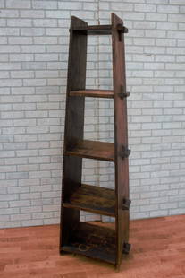 Antique Wood Shelving Unit: Vintage from the 1920s Materials: Wood Antique Wood Shelving Unit Circa 1920 H 69&#8221; W 19&#8221; bottom D 15&#8221; bottom W 11&#8221; top D 10&#8221; top CONCONDITION: Please be aware that all it