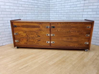 Mid Century Modern Arne Vodder Style Rosewood Lowboy Dresser: Vintage from the 1970s Materials: metal, wood, steel, rosewood Vintage Mid Century Modern Arne Vodder Style Rosewood Lowboy 6 Drawer Dresser Arne Vodder Style Brazilian rosewood low dresser by Inter-C