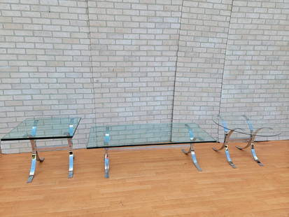 Mid Century Modern Rectangular Chrome Coffee Table and Two Side Tables - 3 Piece Set: Vintage from the 1970s Materials: chrome, glass Mid Century Modern Rectangle Chrome and Glass Coffee Table with 2 Side Tables - 3 Piece Set If you don&#8217;t like the round and square glass top side
