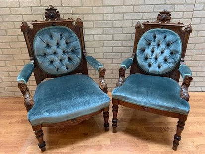 Renaissance Revival John Jelliff Carved Ornate Armchairs - Set of 2: Vintage from before 2000 Antique Renaissance Revival John Jelliff Carved Ornate Armchairs Upholstered in a Blue Velvet - Set of 2 Circa 1890 His W 24”D 22”H 41” Seat H 17" HerW 22