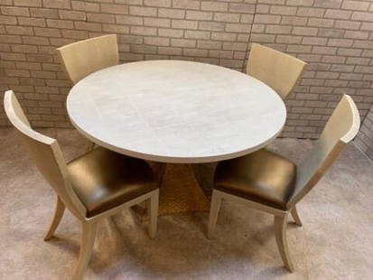 Made Goods Noor Table in Faux Shagreen and 4 Blair Faux Shagreen Chairs Newly Upholstered- 5 Piece: Read the full description Materials: wood, metal, iron, Faux Shagreen, leather, Vintage Faux Shagreen Made Goods Noor Round Dining Table in Vintage Faux Shagreen and 4 Blair Vintage Faux Shagreen Chai