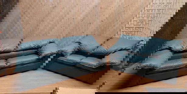 Vintage Italian Postmodern Leather Sofa and Loveseat by Giovanni Erba and Co.: Vintage from before 2000 Materials: leather Overall width: 90 inches Overall height: 32 inches Overall depth: 38 inches Seat height: 17.5 inches Vintage Italian Postmodern Sofa and Loveseat by Giovann