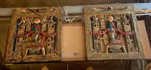 Vintage Egyptian Hieroglyph Wall Plaque - Pair: Vintage from before 2000 Vintage Egyptian Hieroglyph Wall Plaque - Pair Egyptian hieroglyphs recreate the images of ancient Egypt. Based upon King Tut's Antechamber, the wall plaque frieze is a repres