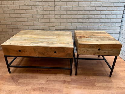 Industrial Rustic Carved Teak Side and Coffee Table - Set of 2: Vintage from before 2000 Materials: steel, teak, wood, metal Industrial Rustic Hand Carved Teak Wood and Steel Side and Coffee Table - Set of 2 Industrial and Rustic teak and steel set of a coffee and