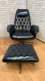 Mid Century Modern George Mulhauser Mr. Chair Lounge & Ottoman for Plycraft in Black: Vintage from before 2000 Materials: Leatherette, teak, walnut, wood Overall width: 39 inches Overall height: 41 inches Overall depth: 32 inches Seat height: 15 inches Seat depth: 21 inches Mid Century