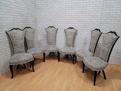 French Art Deco Dining Chairs Black Wood Frame and Black and White Upholstery - Set of 6: Vintage from the 1940s Materials: wood, fabric, paint Overall width: 25 inches Overall height: 48 inches Overall depth: 21 inches Seat height: 19 inches French Art Deco Dining Chairs Black Wood Frame