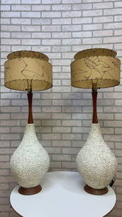 Mid Century Modern Teak Popcorn Table Lamps - Pair: Vintage from before 2000 Mid Century Modern Teak Popcorn Base Table Lamps - Pair A very cool pair of large table lamps from the 1950s. They are constructed out of teak and plaster to create the popcor