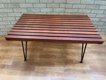 Mid Century Modern Pipsan Saarinen Slat Table Bench with Hair Pin Legs: Vintage from before 2000 Materials: metal, Wood, Wrought Iron Mid Century Modern Pipsan Saarinen Slat Table Bench with Hair Pin Legs Circa Mid 20th Century Dimensions W 36&#8221; D 22&#8221; H 18&#822