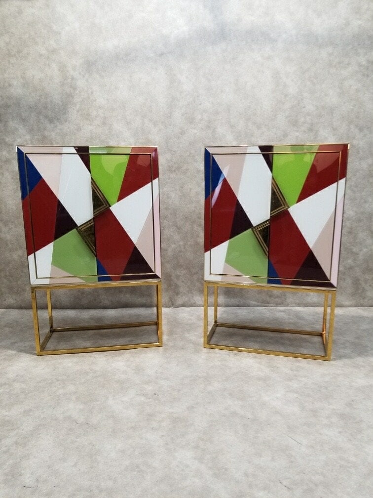Torino Reverse-Painted Glass and Brass 2 Door Dry Bar Cabinet by Jonathan Adler: Vintage from before 2000 Materials: glass, Brass, Wood Width: 36 inches Height: 58 inches Depth: 18 inches Hollywood Regency Styled Torino Reverse-Painted Glass and Brass 2 Door Dry Bar Cabinet by Jon