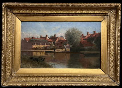 Fine 19th Century English River Landscape Oil Painting Figures by Cottages: About the Item The River Cottages English School, 19th century indistinctly signed "E. Hunt"?? dated oil on canvas, framed in antique original period gilt frame. framed: 20 x 28 inches canvas: 12 x 20