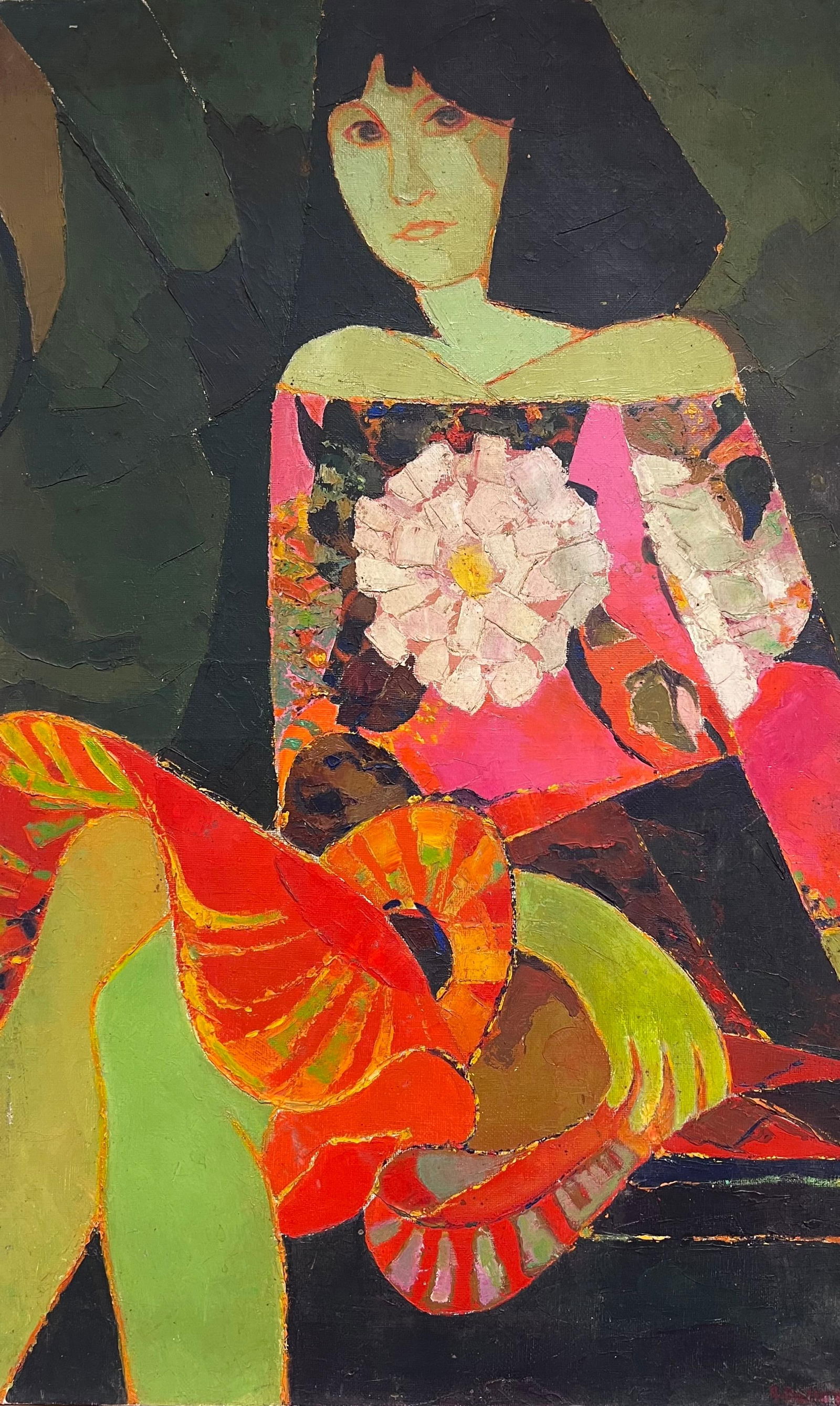 1960's French Cubist Abstract Portrait of Woman Colorful Clothing signed Oil 1960's (1 of 14)