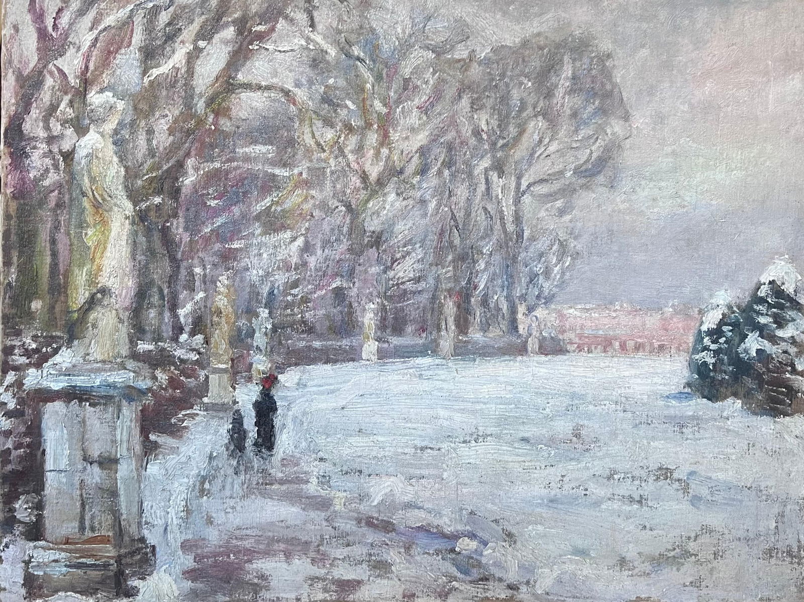 Antique French Impressionist Oil Painting French Park in Winter Snow Landscape 1920's: About the Item Winter Landscape French Impressionist artist, circa 1920 circle of Gustave Loiseau (French 1865-1930) oil on canvas, unframed canvas: 18 x 24 inches Provenance: private collection, Pari