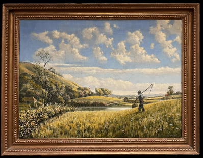The Harvest Worker English Summer Fields Landscape Signed British Oil Painting: About the Item The Harvest Worker by Eric Tansley (1916-1979) signed oil on canvas, framed framed: 25 x 32 inches Canvas: 20 x 28 inches Provenance: private collection Condition: very good condition F