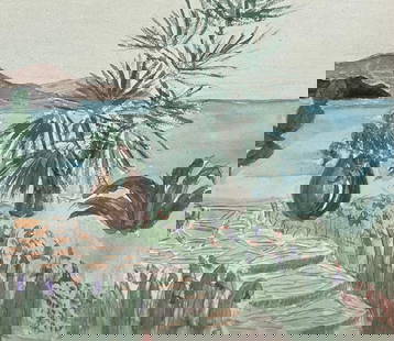 French Watercolour Mediterranean Garden Overlooking the Tranquil Blue Waters 1942: About the Item Mid Century French Landscape by Josine Vignon (French 1922-2022) Medium: Watercolour on artists paper Size: 5.5 height) x 6.5 (width) Stamped Verso Condition: Good Provenance: All the p
