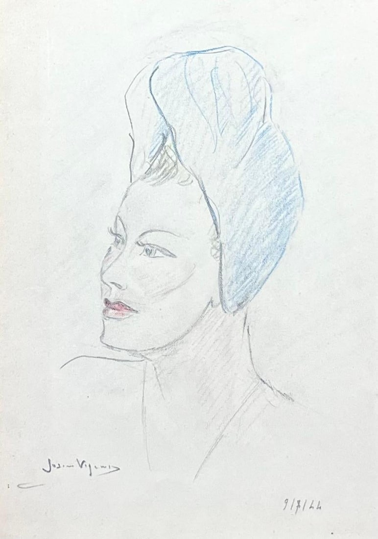 Mid Century French Pencil Sketch of A Stylish Lady in a Blue Headscarf 1942: About the Item Mid Century French Portrait Signed by Josine Vignon (French 1922-2022) Medium: Crayon on artists paper, double sided Size: 8 height) x 6 (width) Stamped Verso Condition: Good Provenance