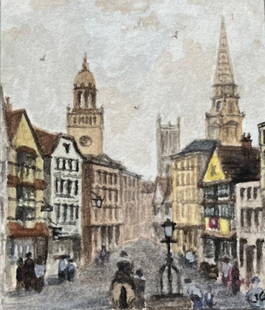 Historic Miniature Watercolor of Wine Street Looking to Corn Street in Bristol: About the Item Title: Historic Miniature Watercolor of Wine Street Looking to Corn Street in Bristol by Jack Grunwell, 20th century British artist Medium: Watercolor on thin card, unframed Measurement