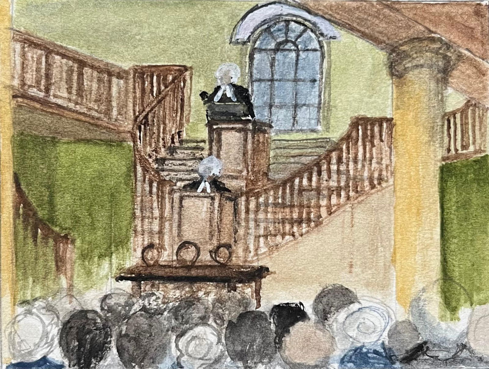 Historic Miniature Watercolor of John Wesley’s Chapel, Broadmead in Bristol: About the Item Title: Historic Miniature Watercolor of John Wesley’s Chapel, Broadmead in Bristol by Jack Grunwell, 20th century British artist Medium: Watercolor on thin card, unframed Measurem