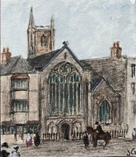 Historic Miniature Watercolor of The Lord Mayor’s Chapel in Bristol: About the Item Title: Historic Miniature Watercolor of The Lord Mayor&#8217;s Chapel in Bristol by Jack Grunwell, 20th century British artist Medium: Watercolor on thin card, unframed Measurements: 3.