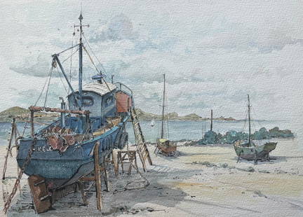 French Watercolor of Barques sur la Grève and Fishing Boats on Shore 20th century: About the Item Title: French Watercolor of Barques sur la Gr&#232;ve and Fishing Boats on Shore by Robert Lepine (French, 1929 - 2017) Signed: Yes Medium: Watercolor painting on artists paper, mounted