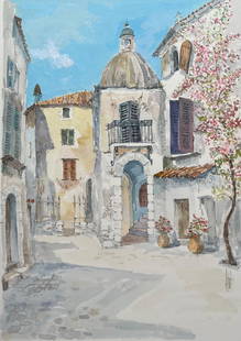 Provence Watercolor of Sunlit Village with Bougainvillea & Historic Dome 20th century: About the Item Title: Provence Watercolor of Sunlit Village with Bougainvillea & Historic Dome by Robert Lepine (French, 1929 - 2017) Signed: Yes Medium: Watercolor painting on artists paper Size: 16.
