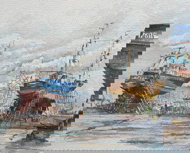 Watercolor of Fishing Boats in Dry Dock; Entitled Bateaux en Cale de Halage 20th century: About the Item Title: Watercolor of Fishing Boats in Dry Dock; Entitled Bateaux en Cale de Halage by Robert Lepine (French, 1929 - 2017) Signed: Yes Medium: Watercolor painting on artists paper Size: