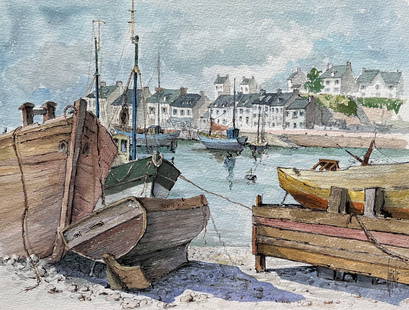 Brittany Watercolor of Beached Fishing Boats by the Harbour 20th century: About the Item Title: Brittany Watercolor of Beached Fishing Boats by the Harbour by Robert Lepine (French, 1929 - 2017) Signed: Yes Medium: Watercolor painting on artists paper Size: 12.25 x 16.25 (h