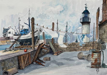 Brittany Watercolor of Guilvinec Fishing Port with Lighthouse and Washing Line 20th century: About the Item Title: Brittany Watercolor of Guilvinec Fishing Port with Lighthouse and Washing Line by Robert Lepine (French, 1929 - 2017) Signed: Yes Medium: Watercolor painting on artists paper Siz