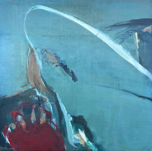 French 20th Century Abstract Expressionism Green Curved Motion with Red Accent 1982: About the Item Abstract Expressionist Composition by Marie Deloume (French born 1942) signed on back, inscribed verso oil painting on canvas, unframed canvas size: 36 x 36 inches condition: overall ve
