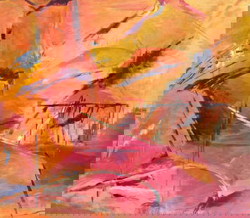 French 20th Century Abstract Expressionism Painting with Bold Pink and Orange 1982: About the Item Abstract Expressionist Composition by Marie Deloume (French born 1942) signed on back, inscribed verso with the artists Paris address oil painting on paper stuck on canvas, unframed can