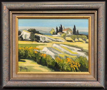 Sunlit Sunlit Southern French Landscape Cottage Among Olive Trees Oil Painting: About the Item Sunlit French Landscape French School, indistinctly signed inscribed verso oil on canvas, framed framed: 17 x 20 inches canvas: 11 x 14 inches Provenance: Private collection, France Con