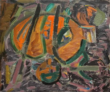 French 20th Century Bold Abstract Deep Earthy Colors of Orange Purple and Green: About the Item Abstract Expressionist Composition by Gilbert Pelissier (French born 1924) signed oil painting on canvas, unframed canvas size: 18 x 22 inches condition: overall very good, a few minor