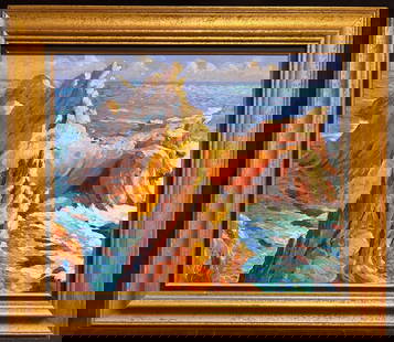 French Impressionist Sunlit Rocks Rising from a Turquoise Sea Oil Painting: About the Item Coastal Cliffs: by Georges Bordonave (French contemporary) signed oil painting on canvas, framed framed: 25 x 29 inches canvas: 18 x 22 inches condition: very good provenance: from a la