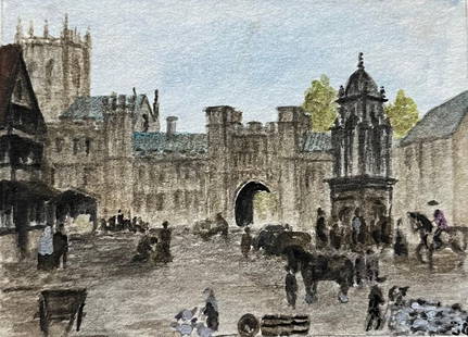Historic Miniature Watercolor of Busy Wells Market Square: About the Item Title: Historic Miniature Watercolor of Busy Wells Market Square by Jack Grunwell, 20th century British artist Medium: Watercolor on thin card, unframed Measurements: 2.75 inches (heigh