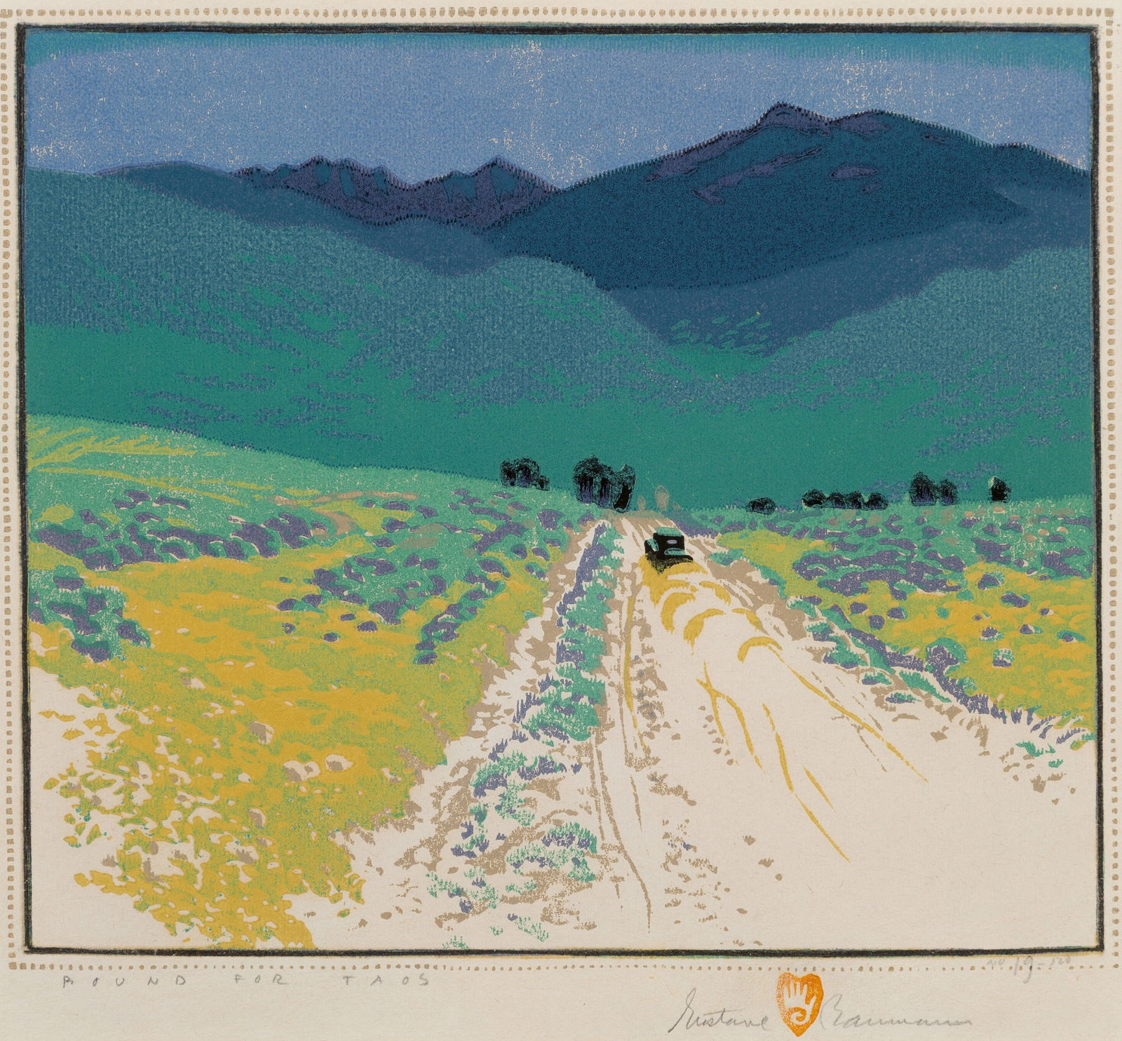 Gustave Baumann Bound for Taos Print: Description: Gustave Baumann Bound for Taos Print mounted on board and measuring at 13.5x16.5 inches, NOT a woodblock Print Date: 1930 Material: Board & Matte Art Paper Additional Information: Possibl