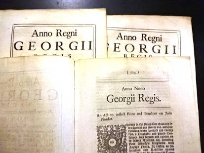 1723 English Acts Treason Atterbury Plot: Three English acts of parliament passed in 1722 and printed here 1723 by John Baskett condemning plotters of the Atterbury Plot to kill King George I. Each of the acts separate and complete including