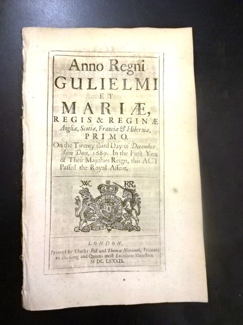 1689 English Mutiny Act William and Mary: An English act of Parliament from the reign of William and Mary passed in 1689 being “An act for punishing officers or soldiers who shall mutiny or desert their Majesty’s service and for punishing
