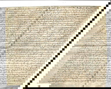1644 English Vellum Obligation Bond: Handwritten English vellum Obligation Bond dated 1644 regarding the conveyanvce of property to Ambrose Shepparde of Gloucester to John Warde of Norfolke, Gentleman. Nicely penned in English on main pa