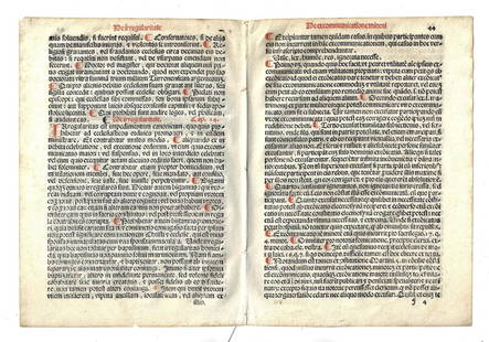 1567 Catholic Ritual Leaves Excommunication: Two joined leaves from Catholic prayer book printed at Venice in 1567 from Sacerdotal ad Consuetudinem Sacro Sancte.. In red and black from ritual of Excommunication. Fine. Measures 12.5 x 8.5". A col
