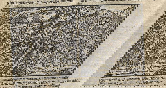 1577 Leaf Historie of Englande Woodcuts: A leaf from "The Historie of Engalnde", by Raphael Holinshed, printed at London in 1577. Large woodcut one side of a battle at Badon Hill. On verso a smaller woodcut of a battle. Main woodcut beautifu