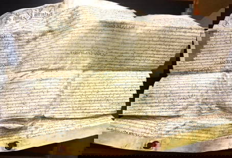 1723 Large English Vellum Indenture Red Wax Seals: Handwritten English vellum indenture dated 1723 during the reign of George the first pertaining to property in Ashburton in the County of Devon between two Gentlemen. Fancy printed vignette, three blu