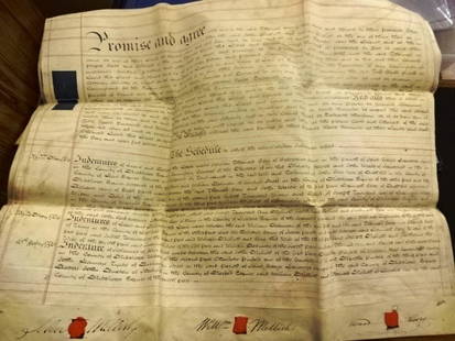 1796 Huge English Vellum Deed on Five Leaves Seals: Huge English vellum manuscript deed penned on five leaves of vellum dated 1796 during the reign of King George the third being the conveyance of property at Palmers Green near Edmonton in the county o