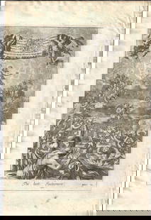 1712 Engraving The Last Judgement: Folio leaf with full page engravings both sides, one side of "The Last Judgement" and on the verso "The Parable of the Talents", printed at London by Jeremiah Bright, 1712. Accompanied by copy of the