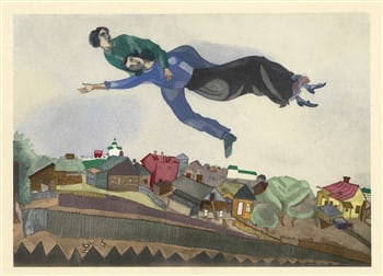 Marc Chagall "Au dessus de la ville" pochoir: Medium: pochoir (after the watercolor). Printed in 1924 and published in Paris by Albert Morance for "L'Art d'Aujourd'hui", and now very scarce. The publisher's provenance inscription is printed benea