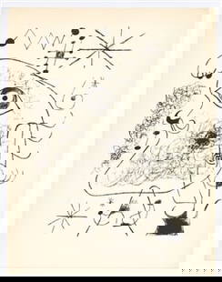 Joan Miro surrealist composition, 1947: Medium: collotype (after the Miro lithograph). Printed in 1947 in an edition of 1500 by Meriden Gravure and published by Curt Valentin for the rare portfolio "The Prints of Joan Miro". Size: 11 x 8 1/
