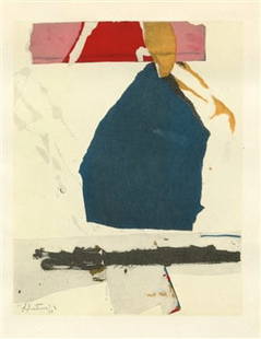 Robert Motherwell pochoir "Blue Figure": Medium: pochoir (after the mixed media collage). Printed in Paris at the Daniel Jacomet atelier and published in 1960 by the Berggruen Gallery. Image size: 5 x 3 3/4 inches (125 x 97 mm). There is ano