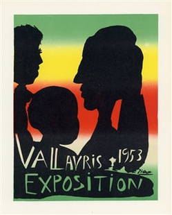 Pablo Picasso lithograph poster "Exposition Vallauris": Medium: lithograph (after the original lithograph poster). During the late 1940's and throughout the 1950's, Picasso created a series of posters at the atelier of Mourlot Freres. The lithograph offere